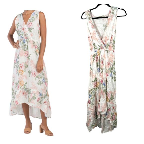 Le Ragazze Italy Linen Floral Boho Cottage High Low Maxi Dress Size Medium - Picture 1 of 9